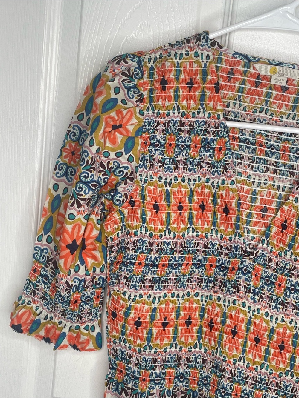 Boden Smocked Bodice Crop Top Multi Tapestry Stripe Ruffle Floral Vacation US 6 - Picture 9 of 15